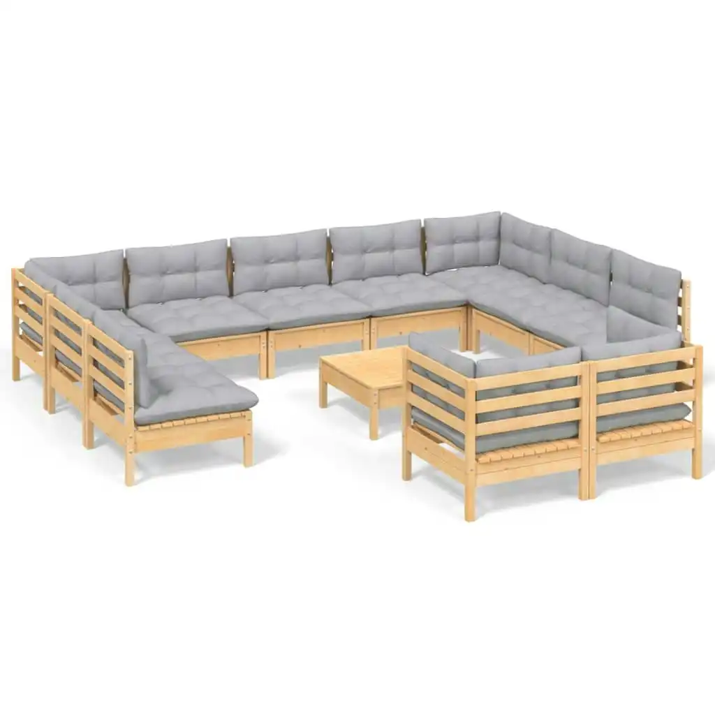 12 Piece Garden Lounge Set with Grey Cushions Solid Pinewood 3097264