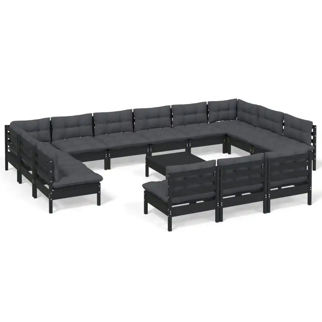 14 Piece Garden Lounge Set with Cushions Black Solid Pinewood 3097245