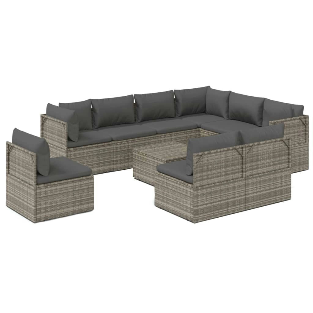 10 Piece Garden Lounge Set with Cushions Grey Poly Rattan 3157431