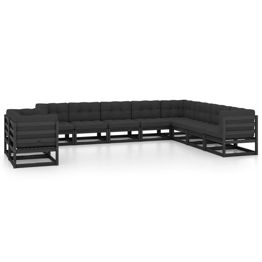 10 Piece Garden Lounge Set with Cushions Black Solid Pinewood 3076978