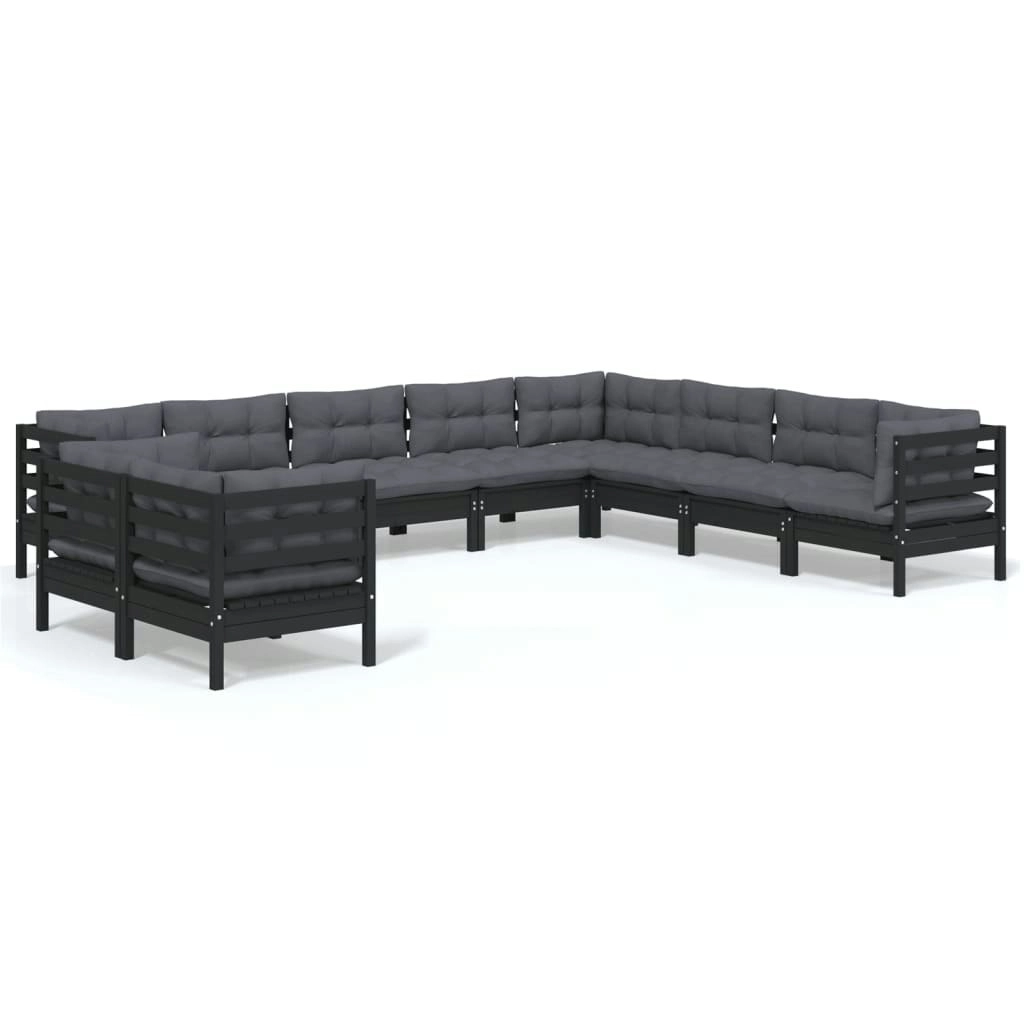 10 Piece Garden Lounge Set with Cushions Black Solid Pinewood 3096915