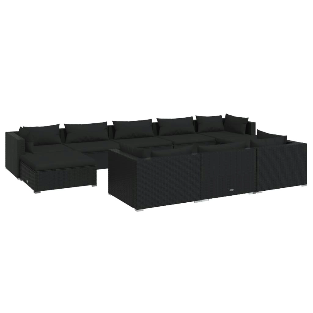 10 Piece Garden Lounge Set with Cushions Black Poly Rattan 3102040