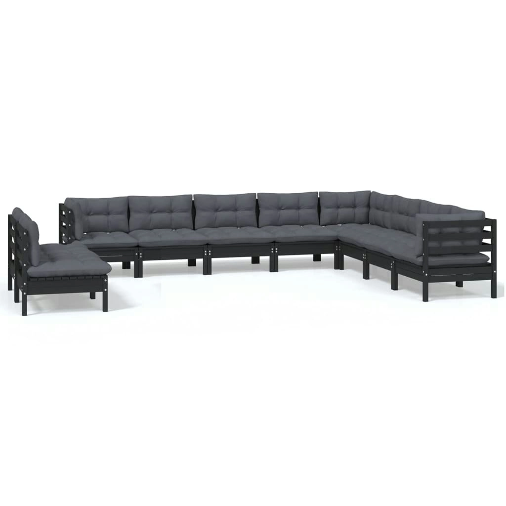 10 Piece Garden Lounge Set with Cushions Black Solid Pinewood 3096843