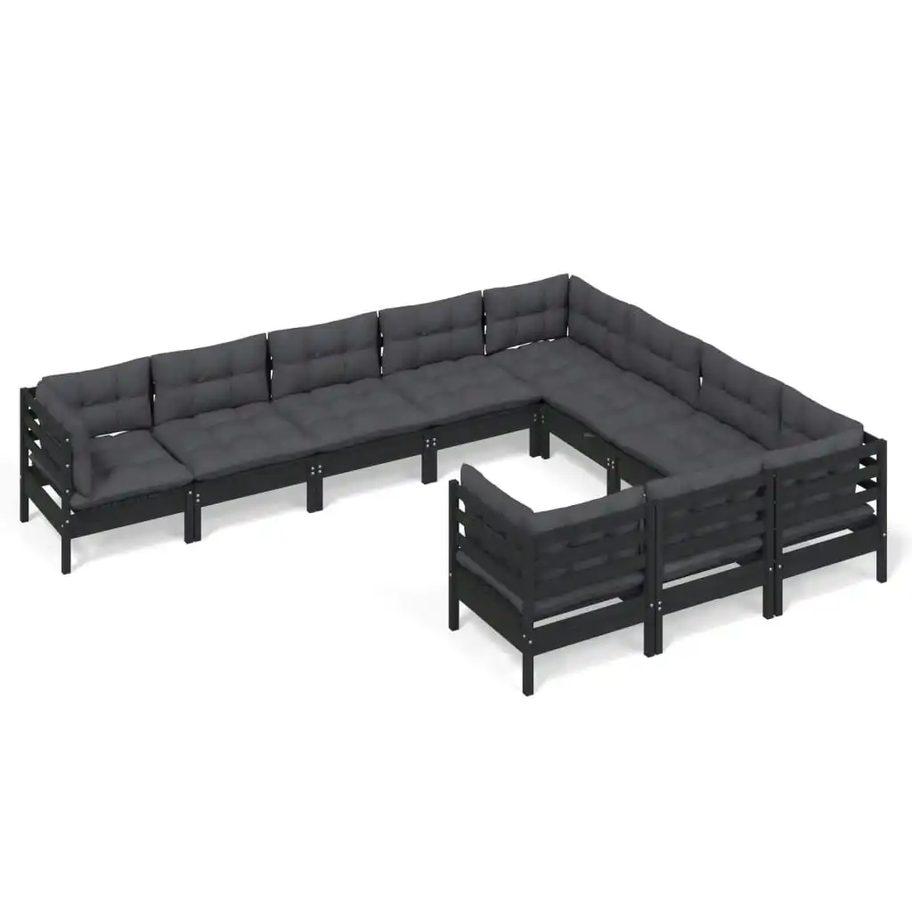 10 Piece Garden Lounge Set with Cushions Black Pinewood 3096999