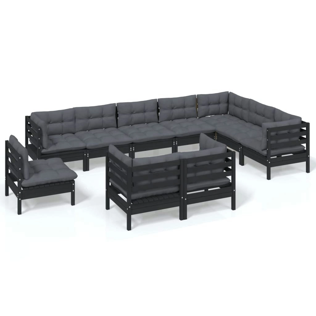 10 Piece Garden Lounge Set with Cushions Black Solid Pinewood 3096783