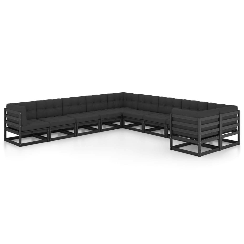 10 Piece Garden Lounge Set with Cushions Black Solid Pinewood 3077058