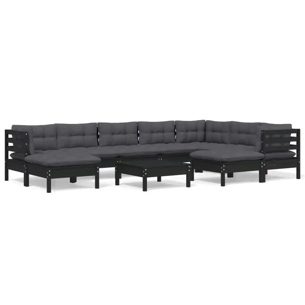 10 Piece Garden Lounge Set with Cushions Black Solid Pinewood 3096717