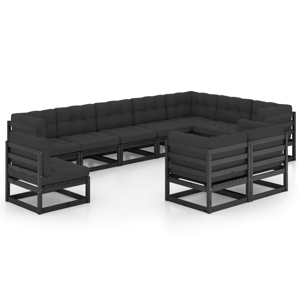 10 Piece Garden Lounge Set with Cushions Black Solid Pinewood 3076868