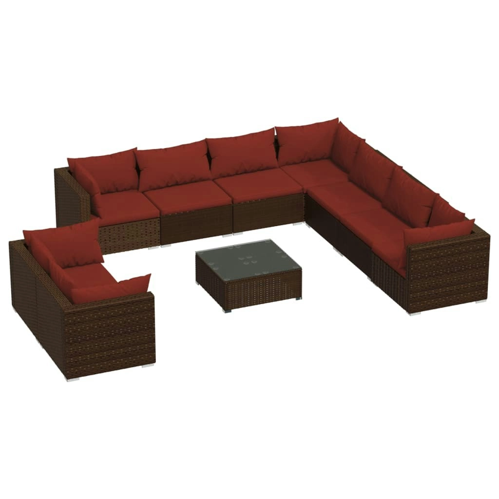 10 Piece Garden Lounge Set with Cushions Brown Poly Rattan 3102507