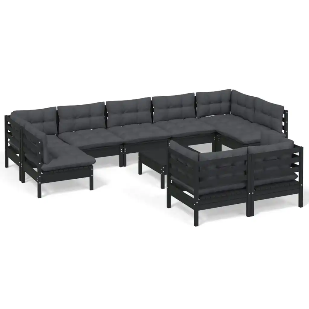 10 Piece Garden Lounge Set with Cushions Black Solid Pinewood 3097257