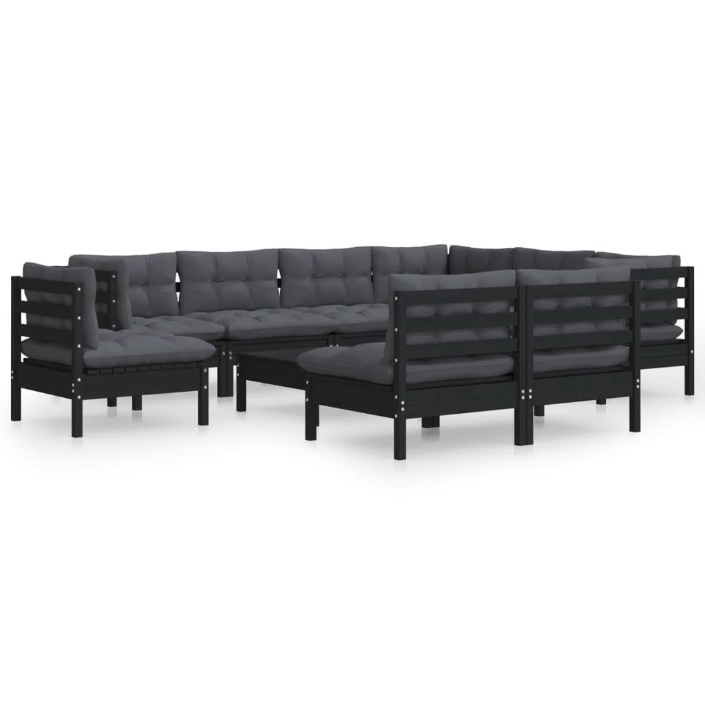 10 Piece Garden Lounge Set with Cushions Black Solid Pinewood 3096753