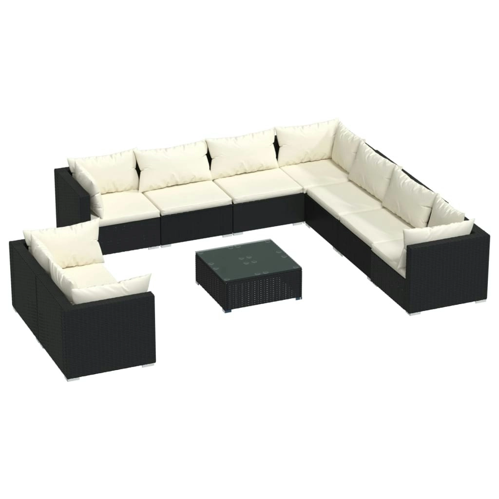 10 Piece Garden Lounge Set with Cushions Black Poly Rattan 3102503