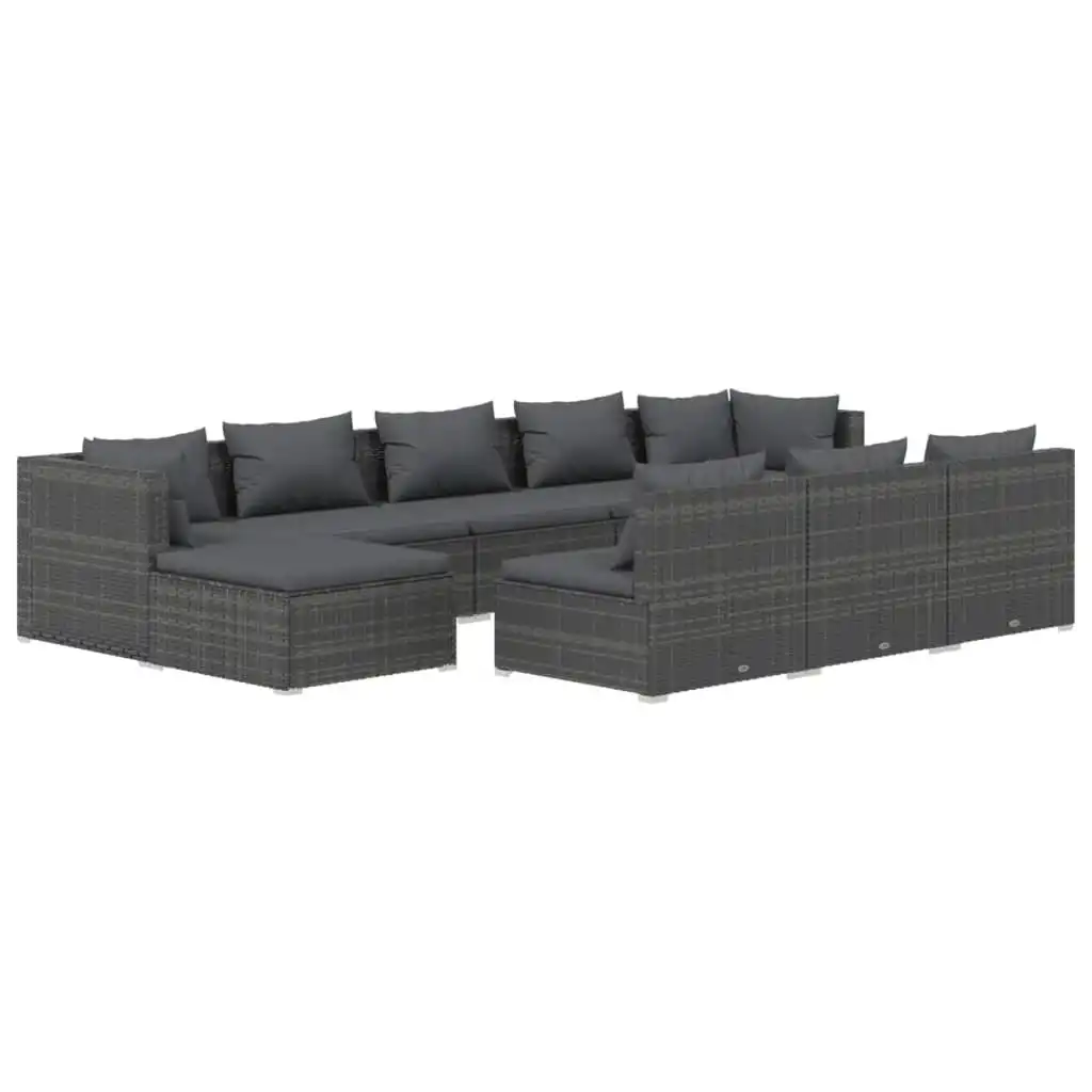 10 Piece Garden Lounge Set with Cushions Grey Poly Rattan 3102021