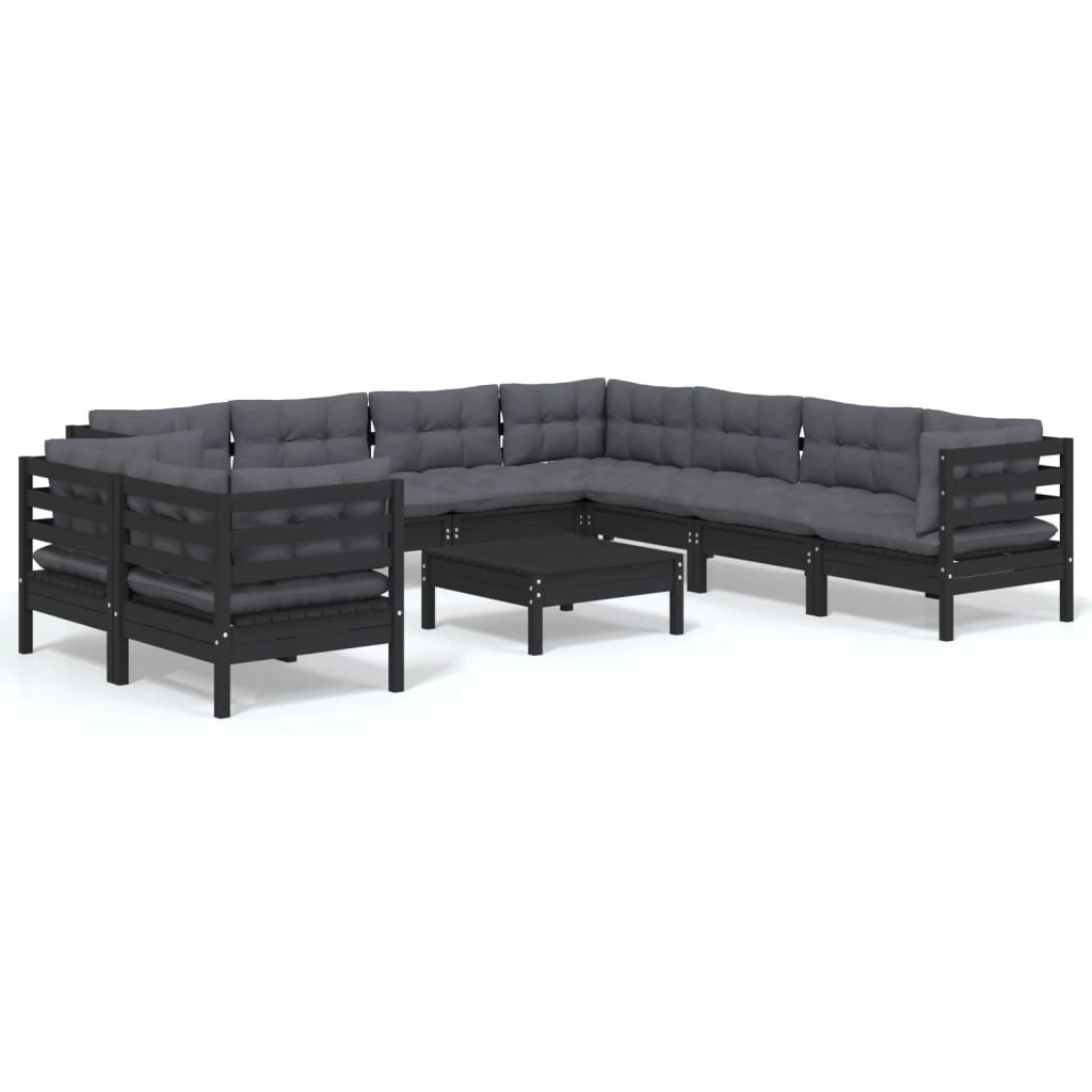 10 Piece Garden Lounge Set with Cushions Black Solid Pinewood 3096909