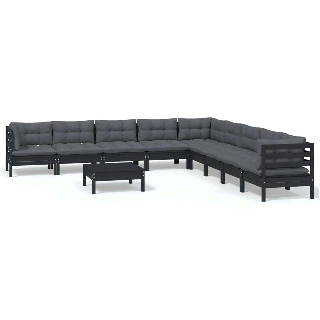 10 Piece Garden Lounge Set with Cushions Black Solid Pinewood 3096825