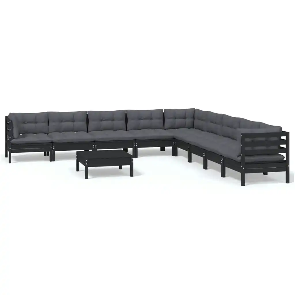 10 Piece Garden Lounge Set with Cushions Black Solid Pinewood 3096825