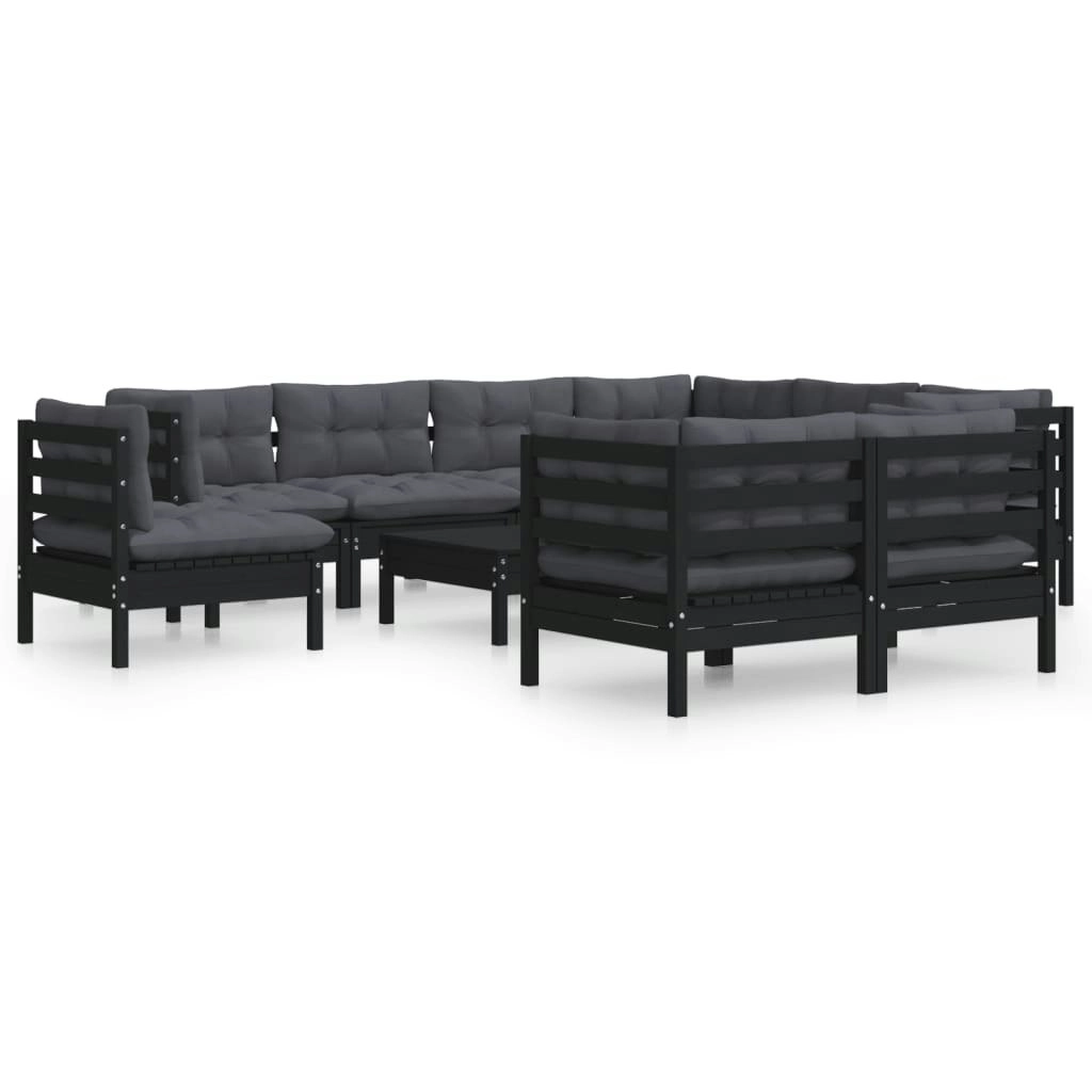 10 Piece Garden Lounge Set with Cushions Black Solid Pinewood 3096777