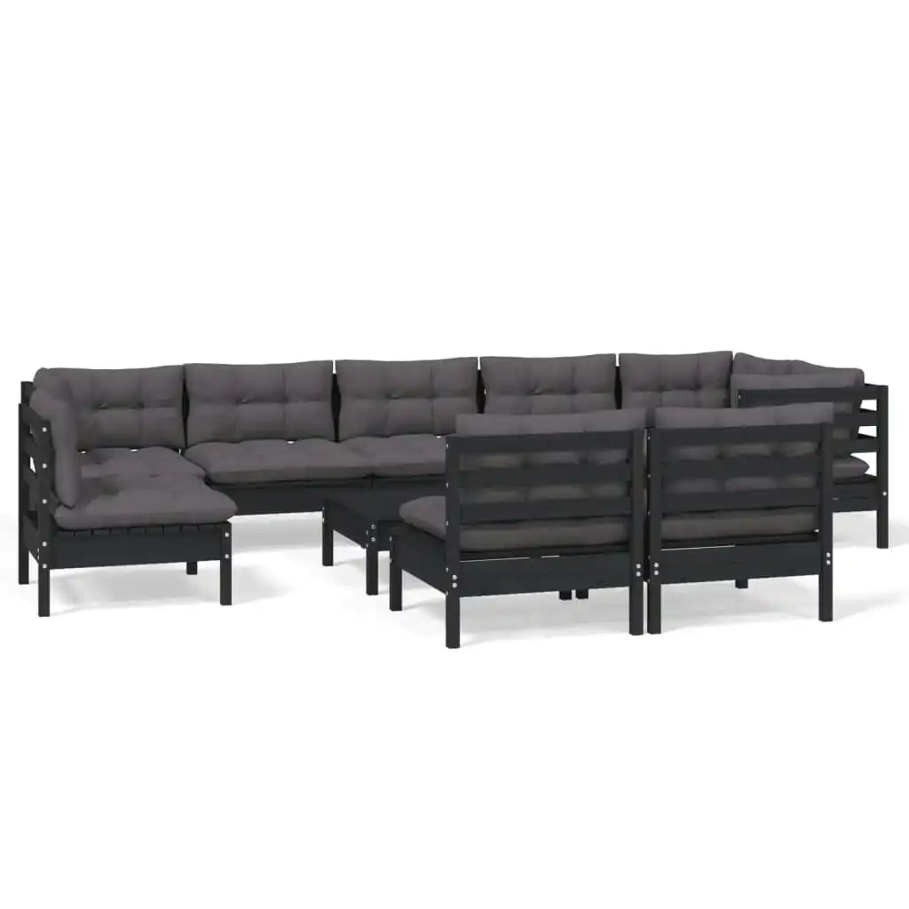 10 Piece Garden Lounge Set with Cushions Black Solid Pinewood 3096488