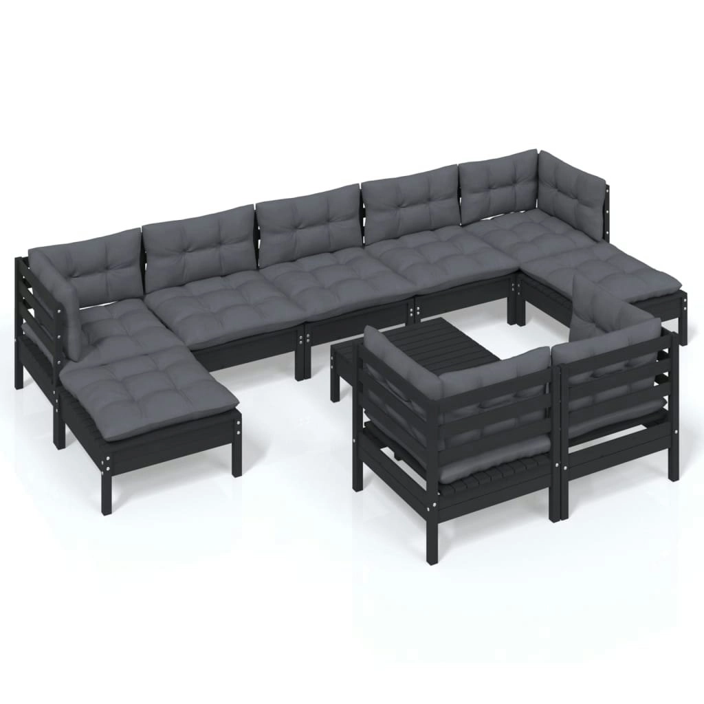 10 Piece Garden Lounge Set with Cushions Black Solid Pinewood 3097137