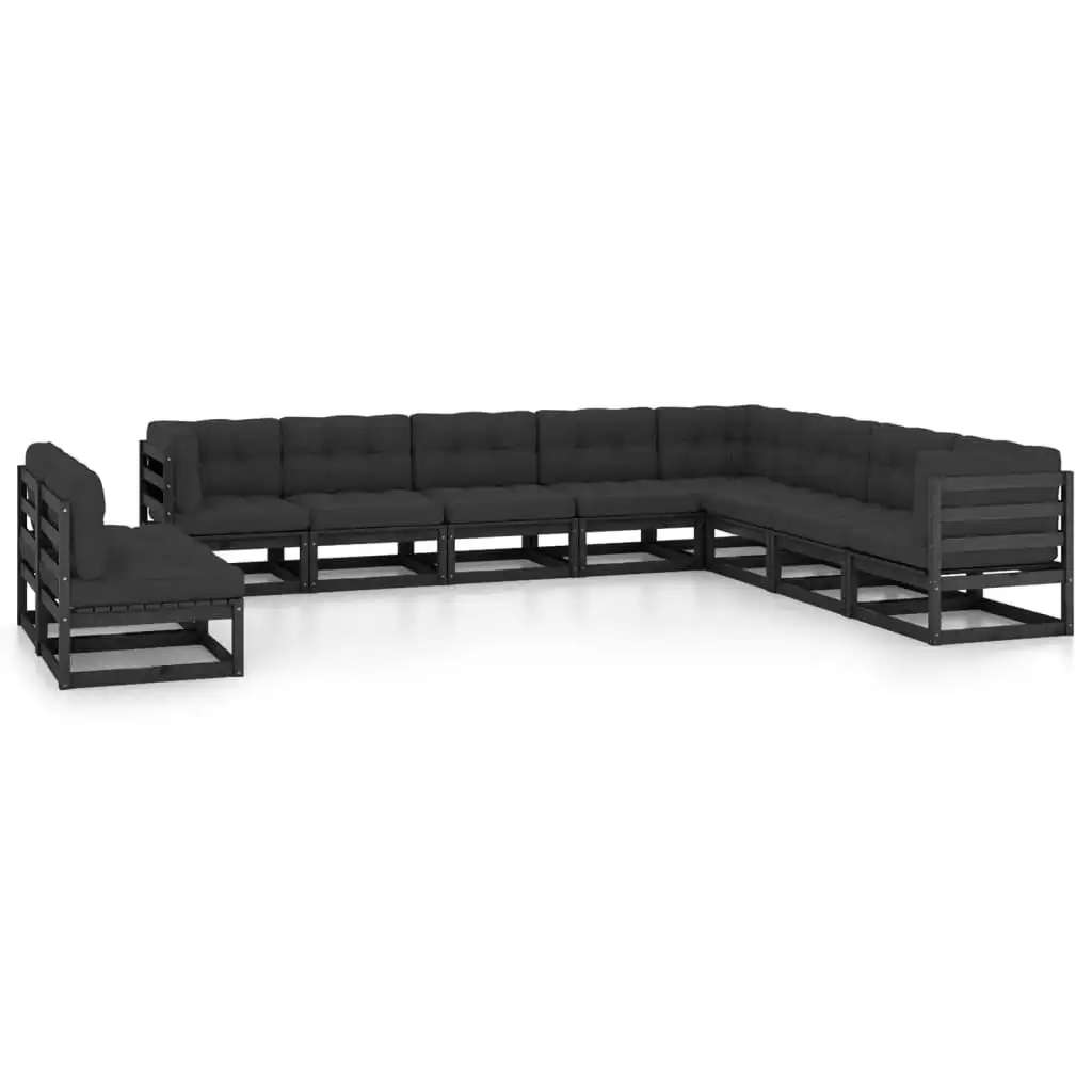 10 Piece Garden Lounge Set with Cushions Black Solid Pinewood 3076918