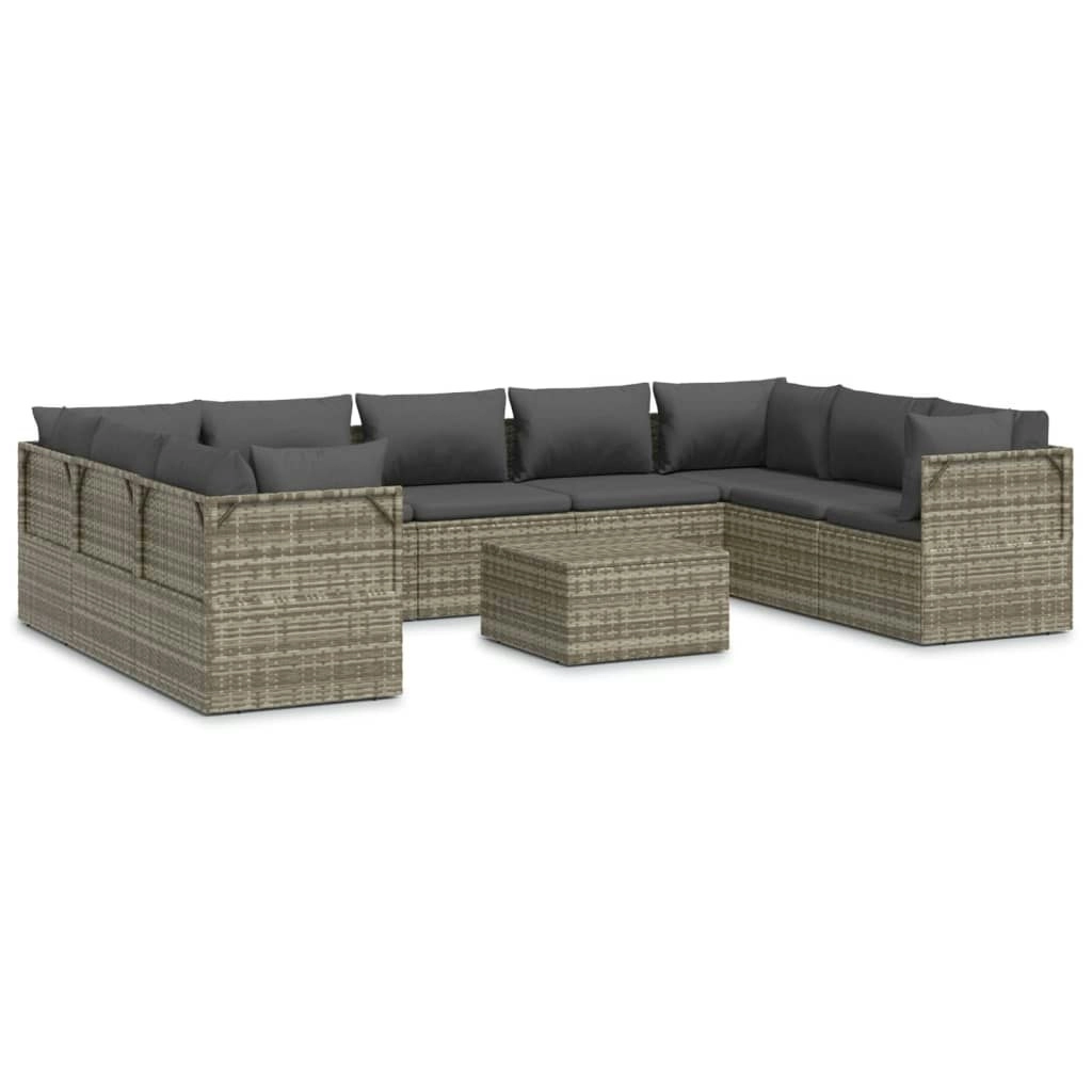 10 Piece Garden Lounge Set with Cushions Grey Poly Rattan 3157338