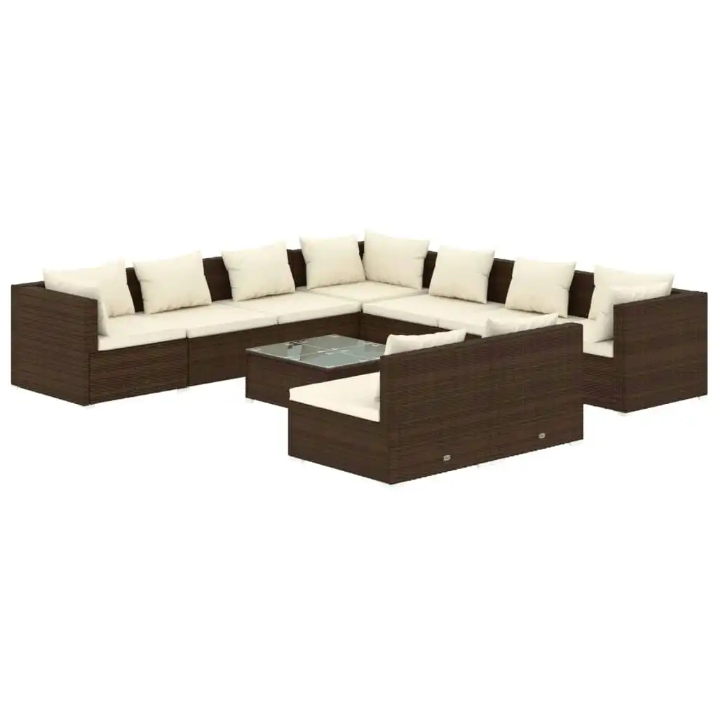 10 Piece Garden Lounge Set with Cushions Brown Poly Rattan 3102426