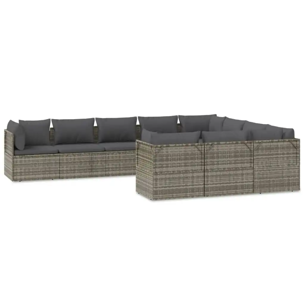 10 Piece Garden Lounge Set with Cushions Grey Poly Rattan 3157491