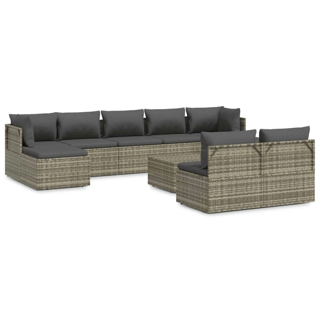 10 Piece Garden Lounge Set with Cushions Grey Poly Rattan 3157342