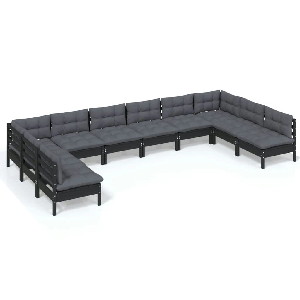 10 Piece Garden Lounge Set with Cushions Black Solid Pinewood 3097191