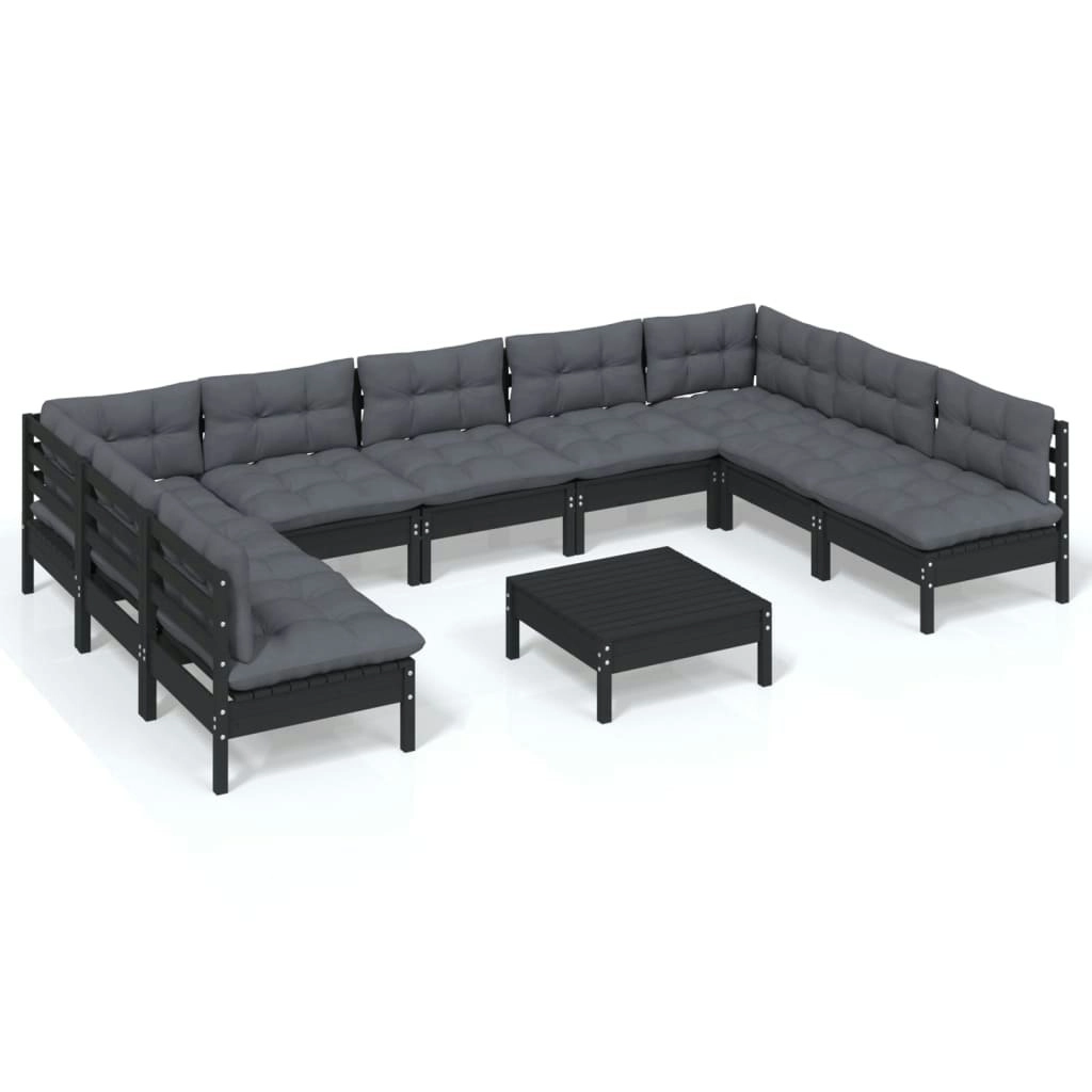 10 Piece Garden Lounge Set with Cushions Black Solid Pinewood 3097185