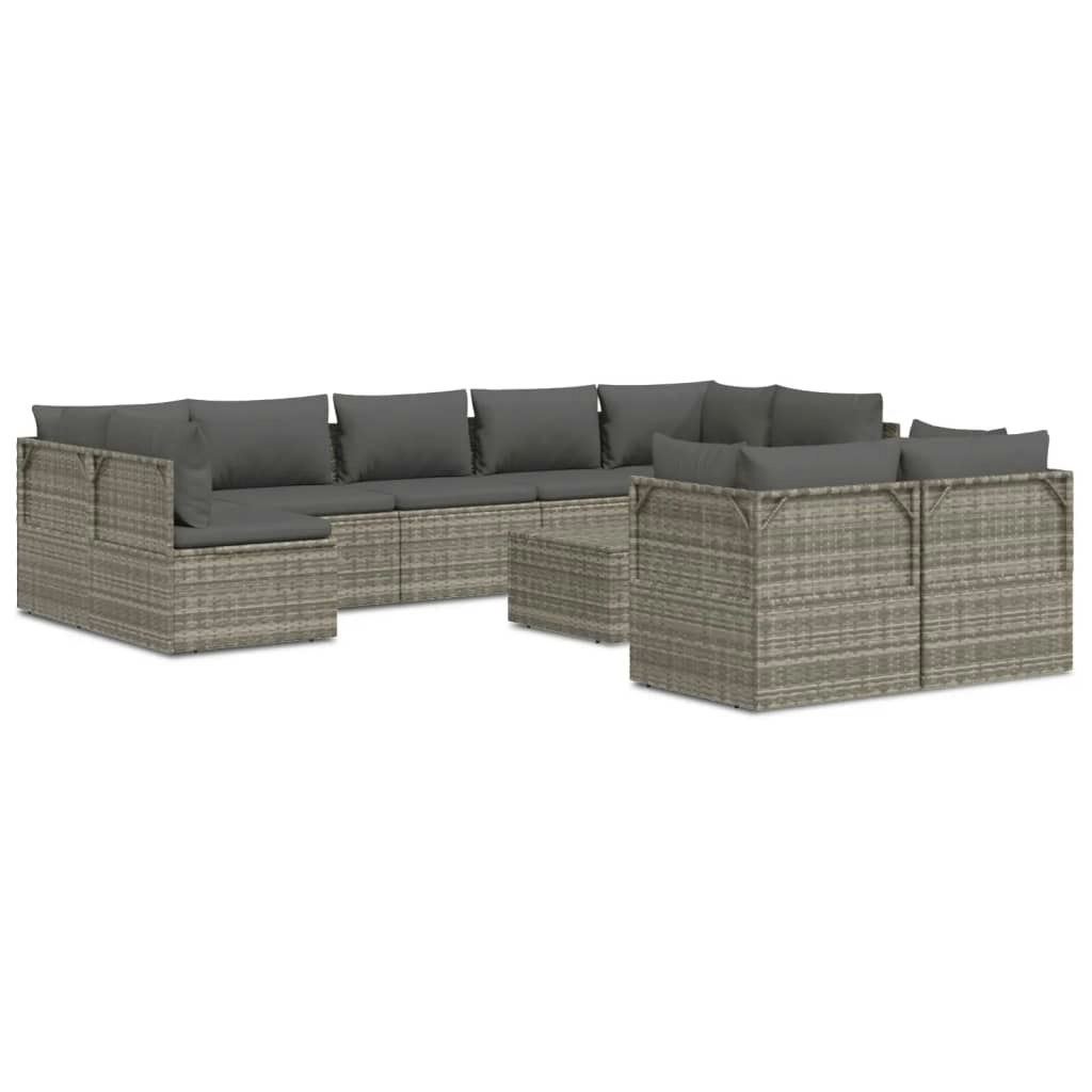 10 Piece Garden Lounge Set with Cushions Grey Poly Rattan 3157352