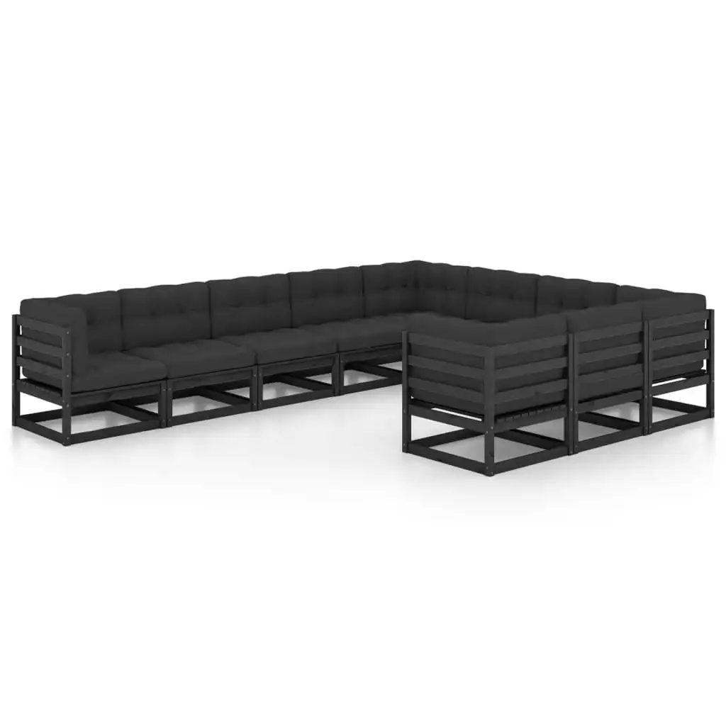 10 Piece Garden Lounge Set with Cushions Black Solid Pinewood 3077048