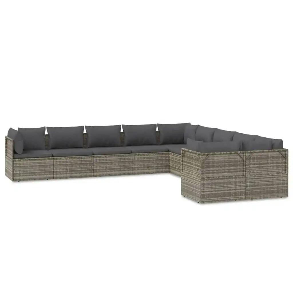 10 Piece Garden Lounge Set with Cushions Grey Poly Rattan 3157493