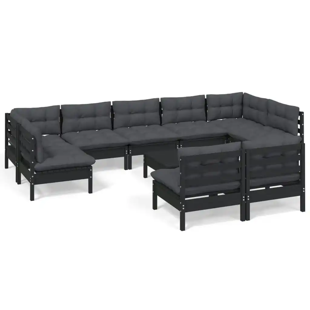 10 Piece Garden Lounge Set with Cushions Black Solid Pinewood 3097209