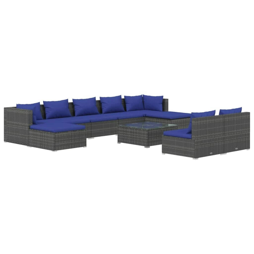 10 Piece Garden Lounge Set with Cushions Grey Poly Rattan 3102014