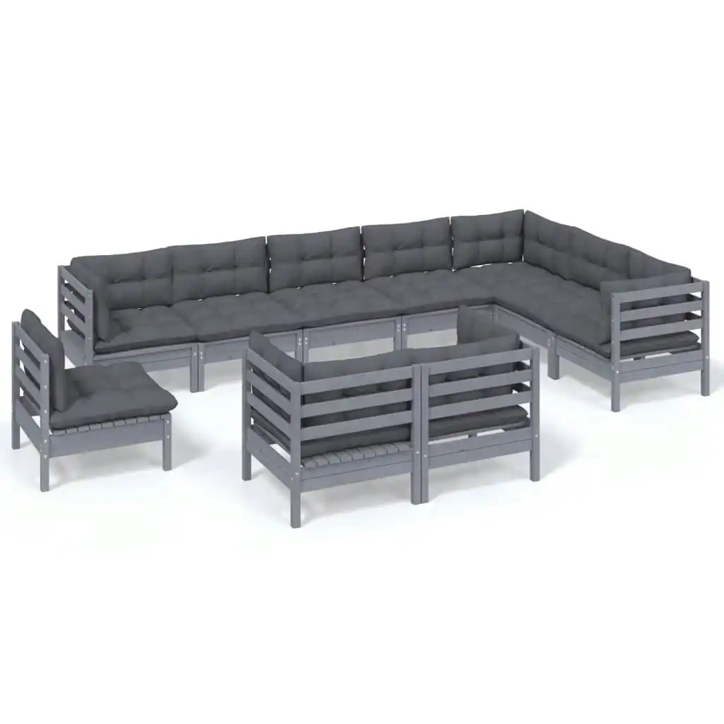 10 Piece Garden Lounge Set with Cushions Grey Solid Pinewood 3096781