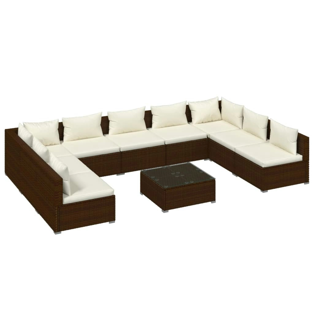 10 Piece Garden Lounge Set with Cushions Poly Rattan Brown 3101914