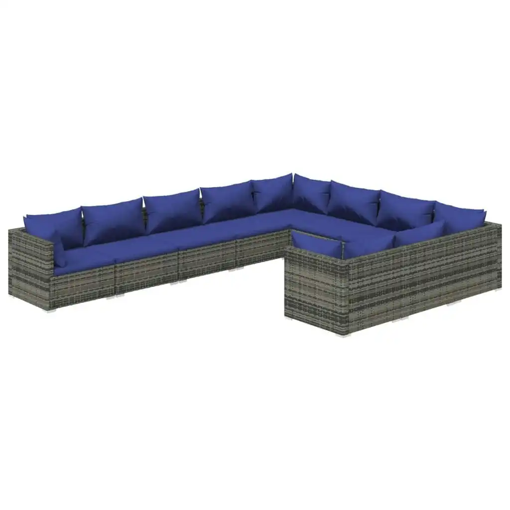 10 Piece Garden Lounge Set with Cushions Poly Rattan Grey 3102782