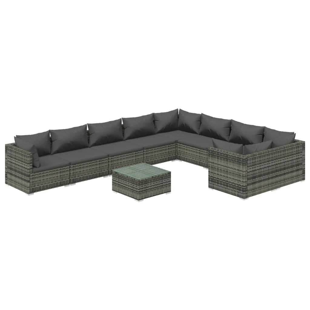 10 Piece Garden Lounge Set with Cushions Poly Rattan Grey 3102773