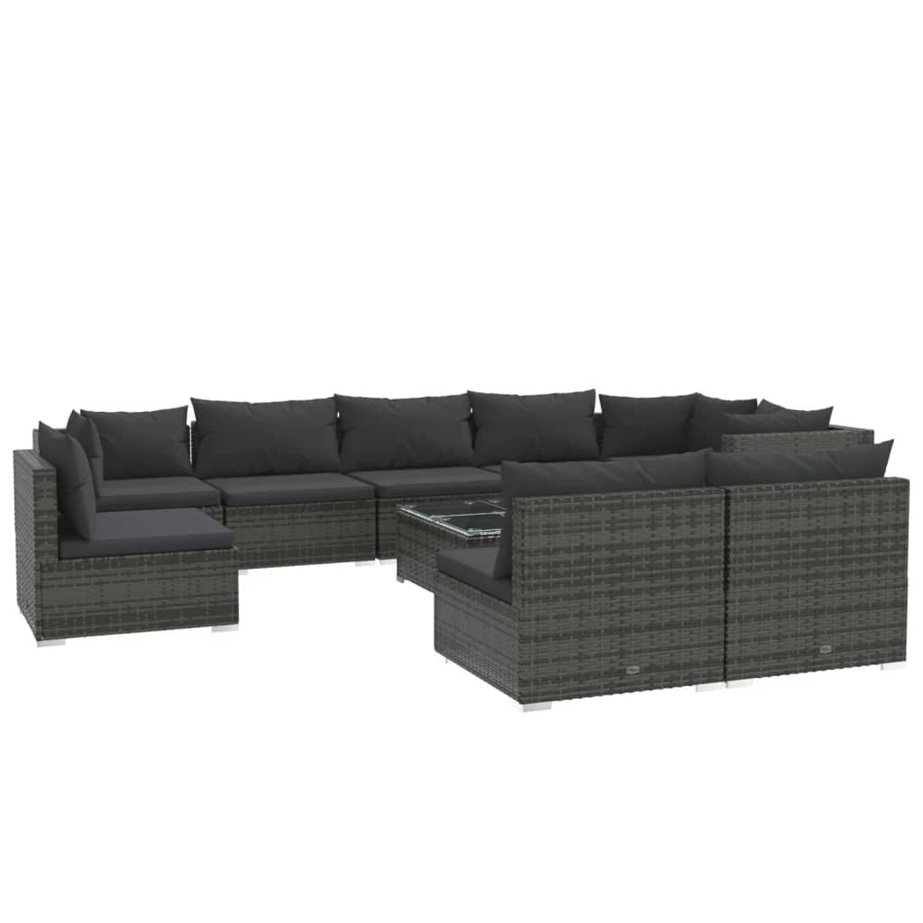 10 Piece Garden Lounge Set with Cushions Poly Rattan Grey 3102573