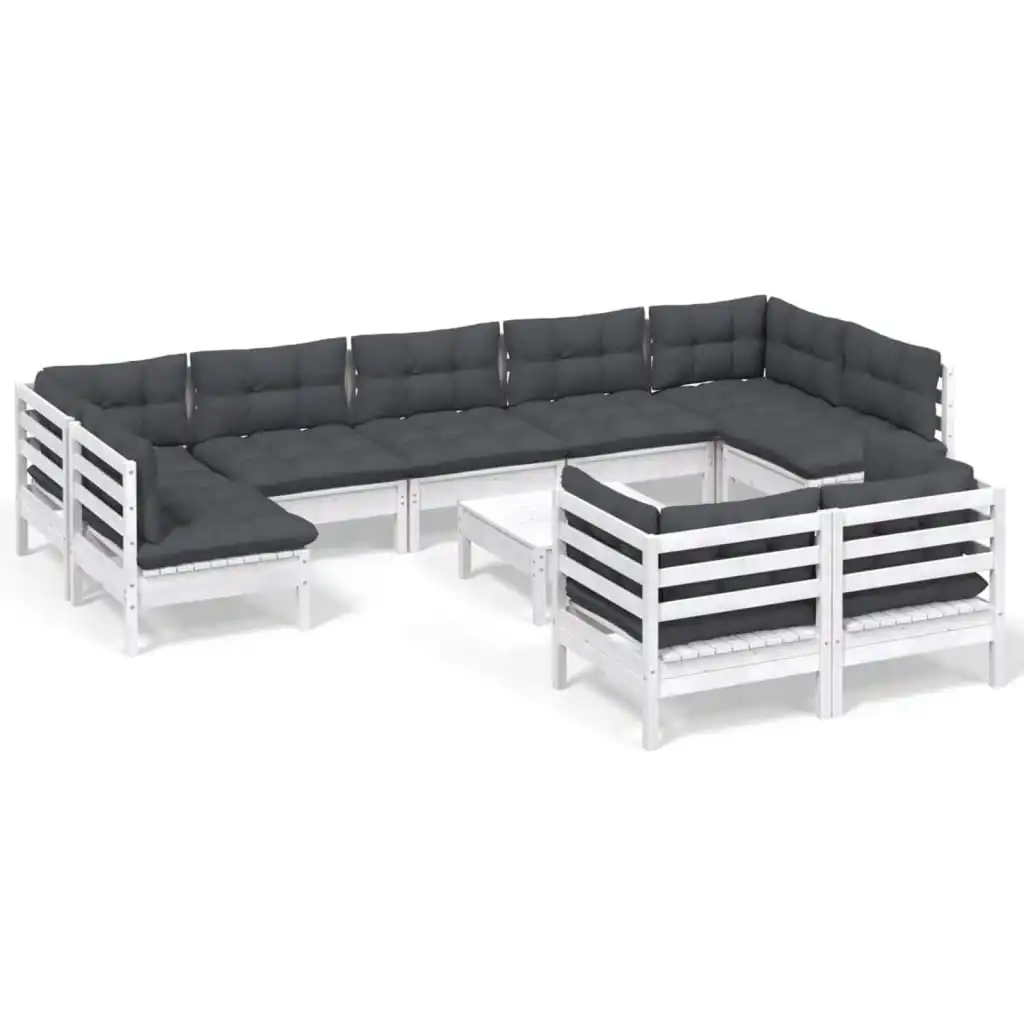 10 Piece Garden Lounge Set with Cushions White Solid Pinewood 3097254