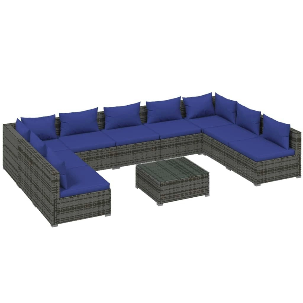 10 Piece Garden Lounge Set with Cushions Poly Rattan Grey 3101918