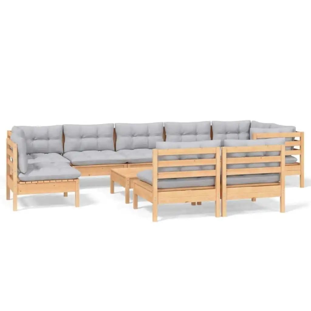 10 Piece Garden Lounge Set with Grey Cushions Solid Pinewood 3096483