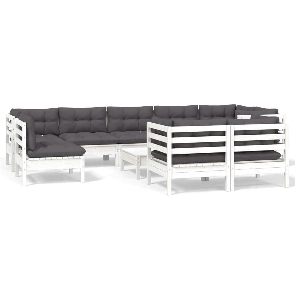 10 Piece Garden Lounge Set with Cushions White Solid Pinewood 3096533