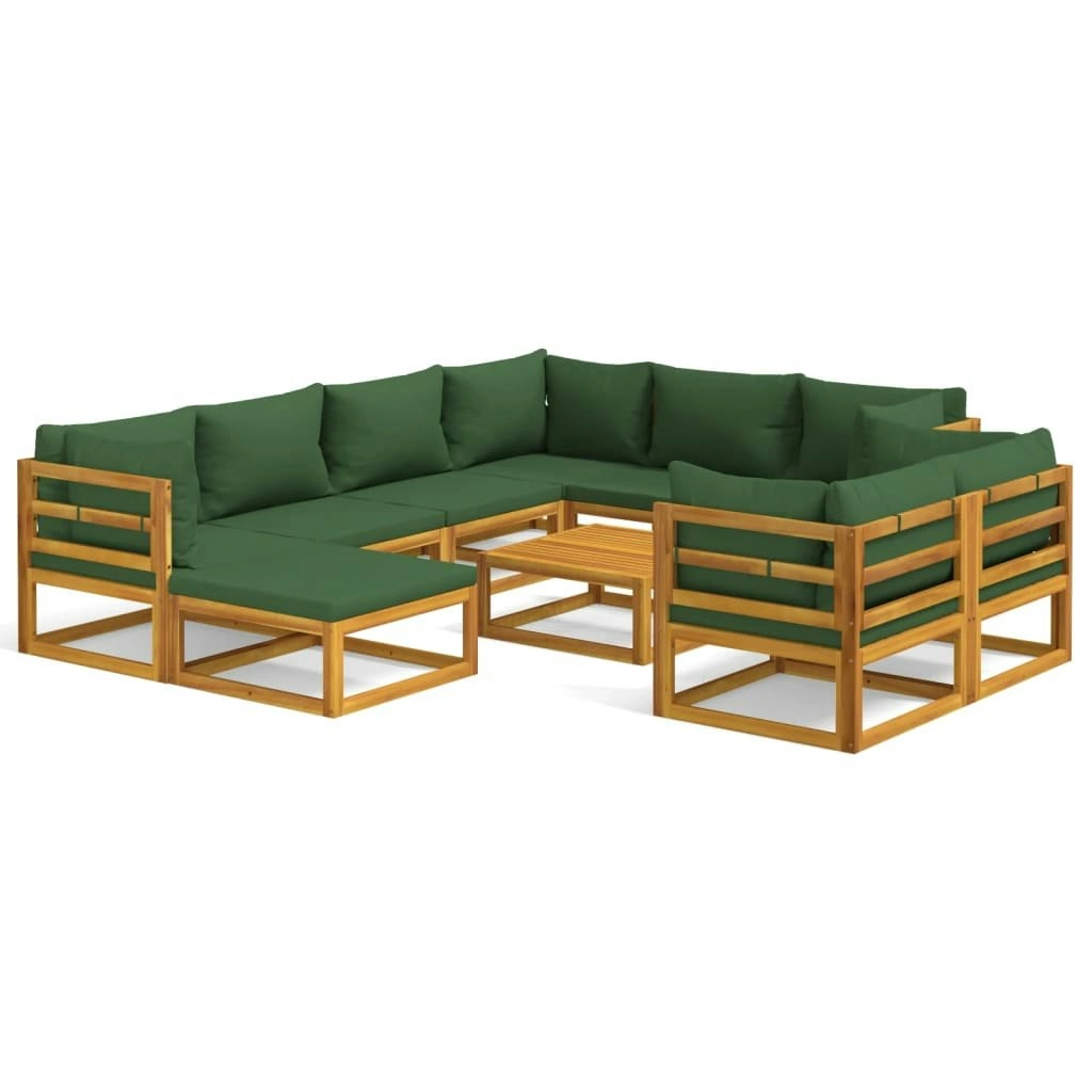 10 Piece Garden Lounge Set with Green Cushions Solid Wood 3155323