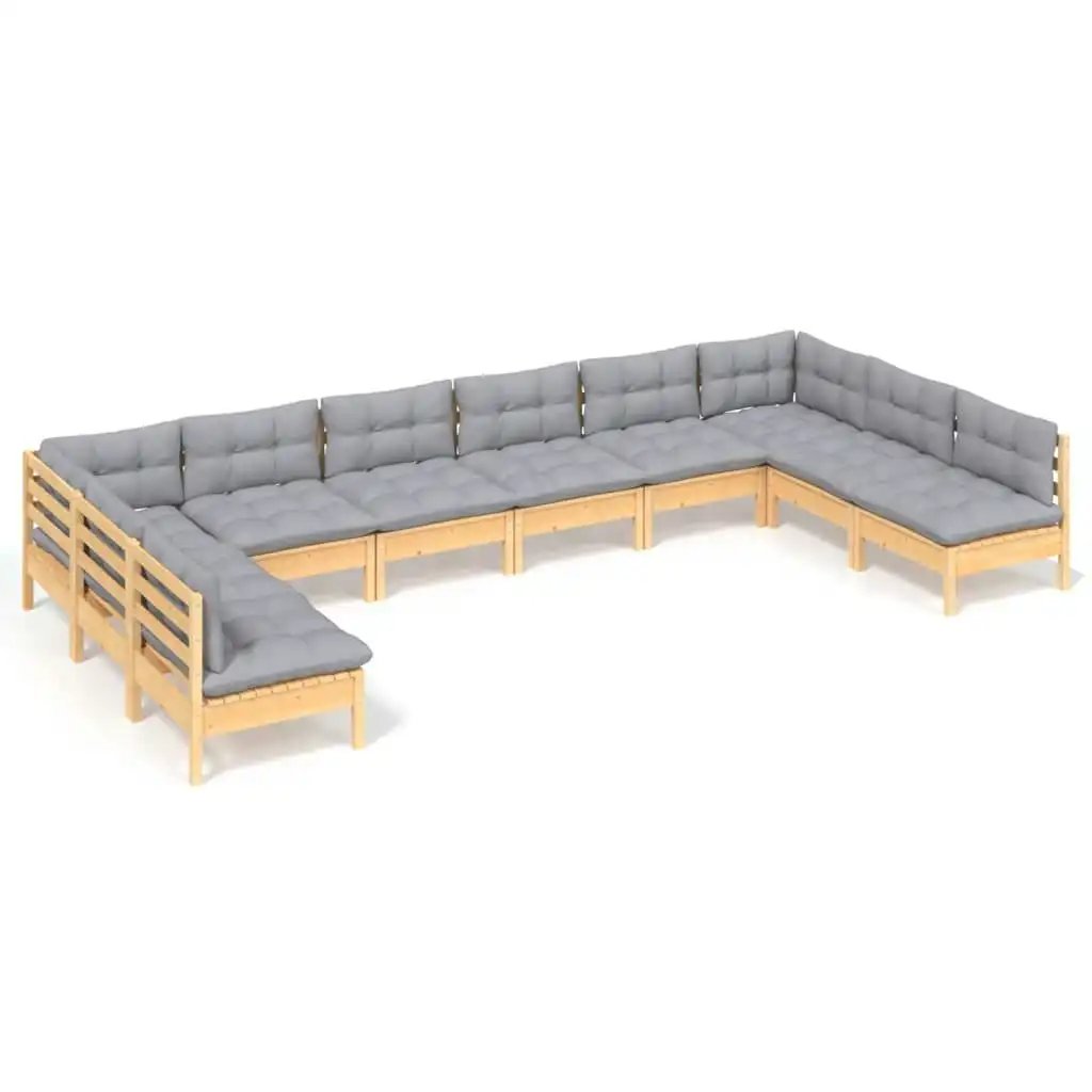 10 Piece Garden Lounge Set with Grey Cushions Solid Pinewood 3097186