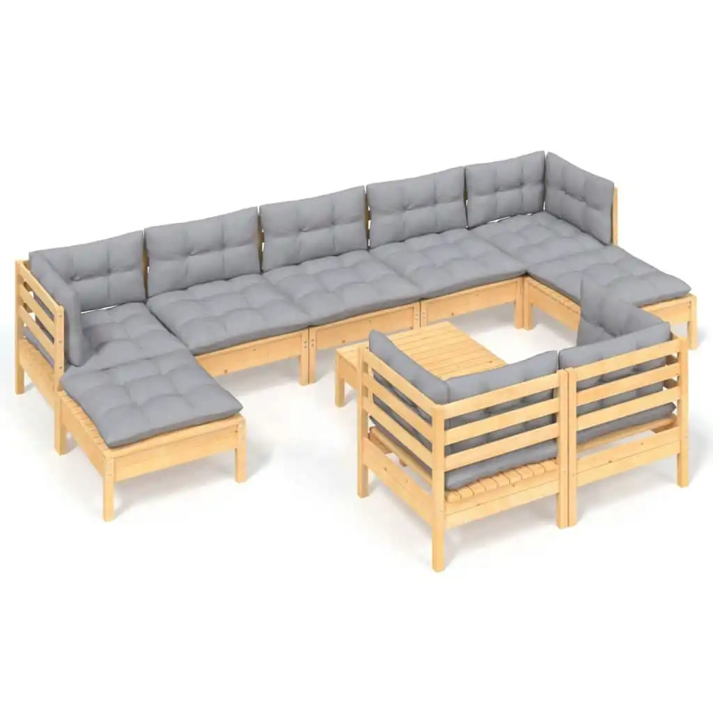 10 Piece Garden Lounge Set with Grey Cushions Solid Pinewood 3097132