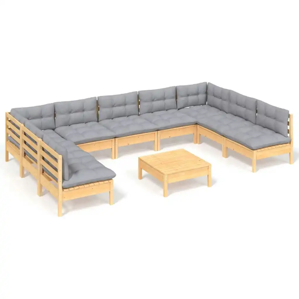 10 Piece Garden Lounge Set with Grey Cushions Solid Pinewood 3097180