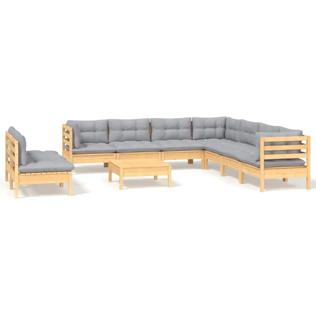 10 Piece Garden Lounge Set with Grey Cushions Solid Pinewood 3096832