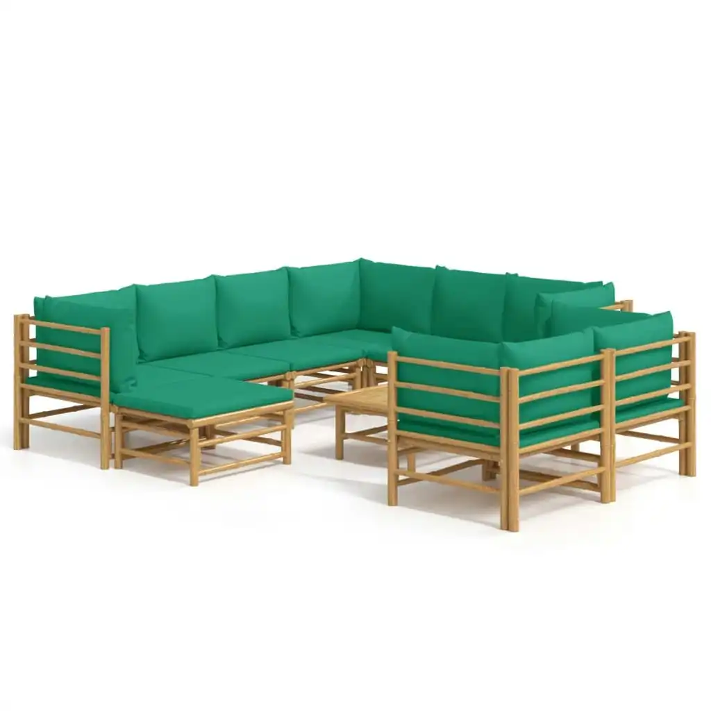 10 Piece Garden Lounge Set with Green Cushions  Bamboo 3155160